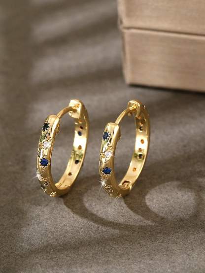 1pair Luxurious Copper Inlaid Multi-color Star, Moon & Round Shaped Hoop Earrings