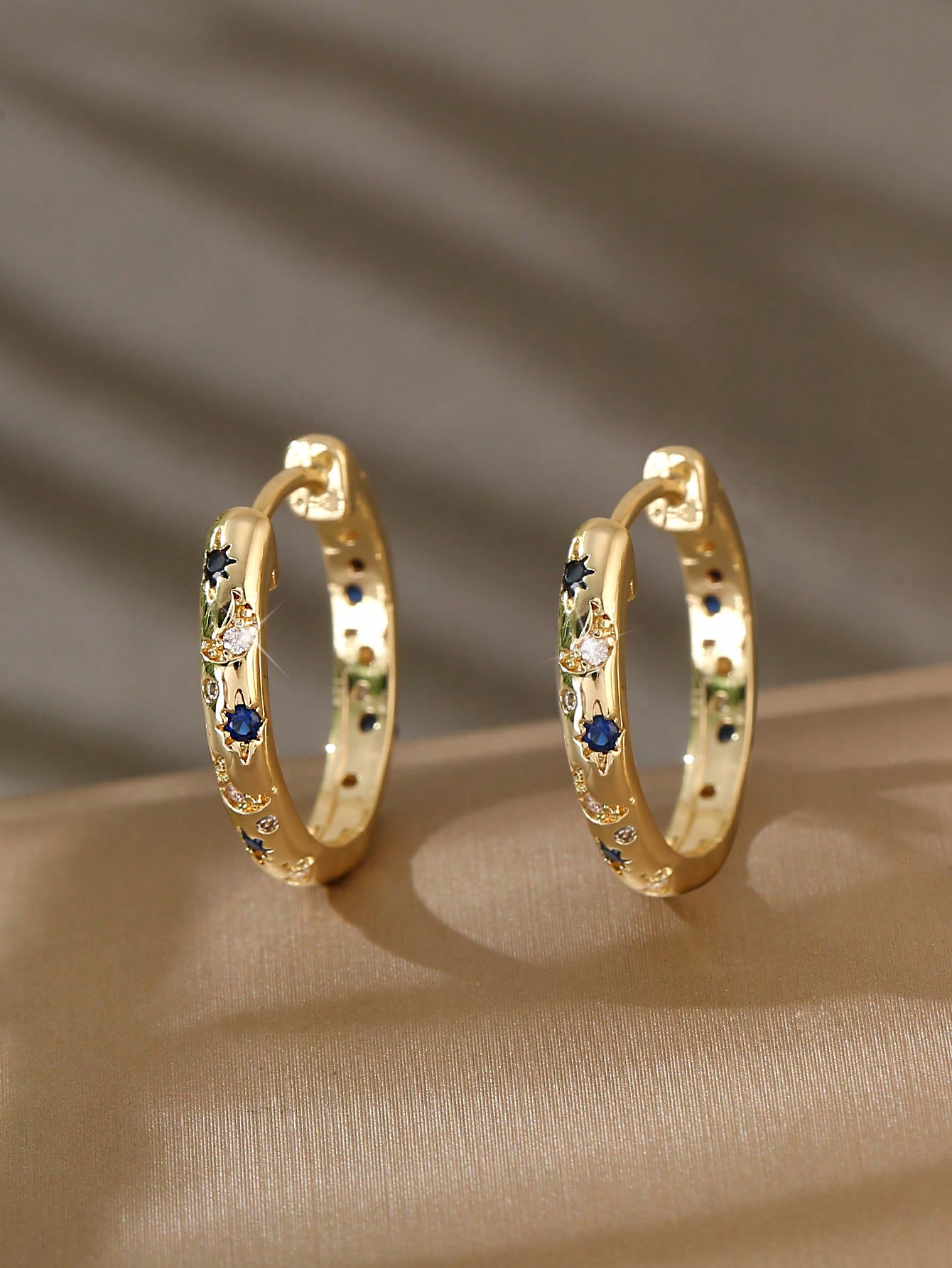 1pair Luxurious Copper Inlaid Multi-color Star, Moon & Round Shaped Hoop Earrings