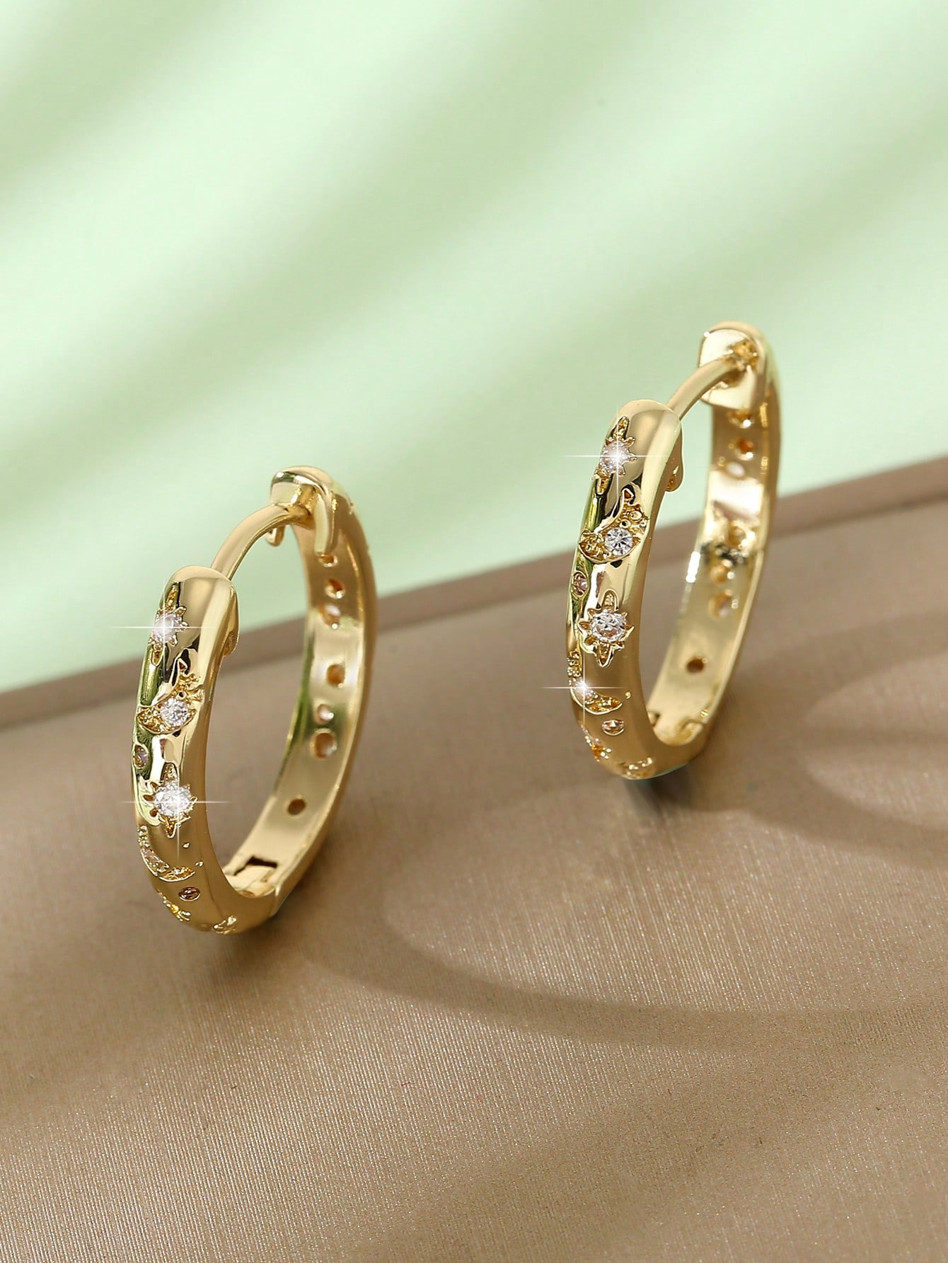 1pair Luxurious Copper Inlaid Multi-color Star, Moon & Round Shaped Hoop Earrings