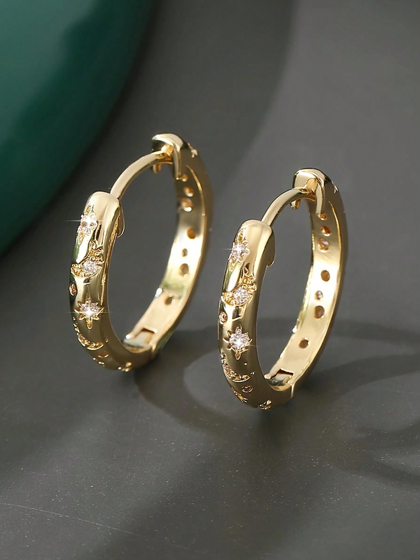 1pair Luxurious Copper Inlaid Multi-color Star, Moon & Round Shaped Hoop Earrings