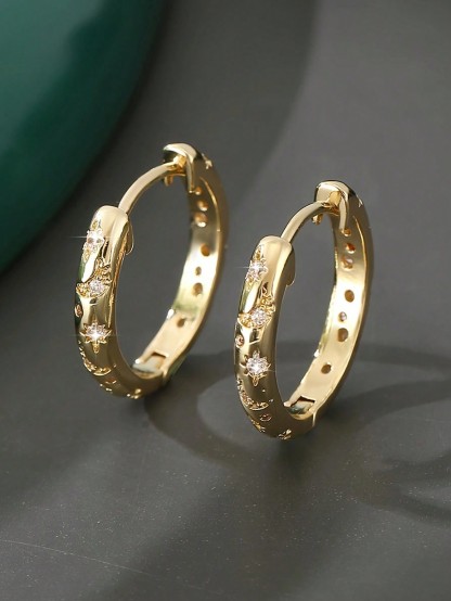 1pair Luxurious Copper Inlaid Multi-color Star, Moon & Round Shaped Hoop Earrings