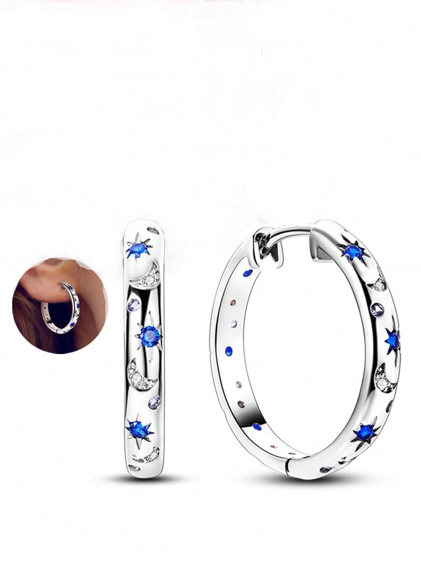 1pair Luxurious Copper Inlaid Multi-color Star, Moon & Round Shaped Hoop Earrings