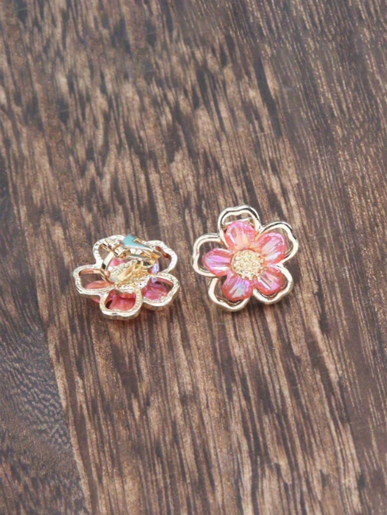 1pair Fashionable Zinc Alloy Flower Decor Clip On Earrings For Women For Daily Decoration
