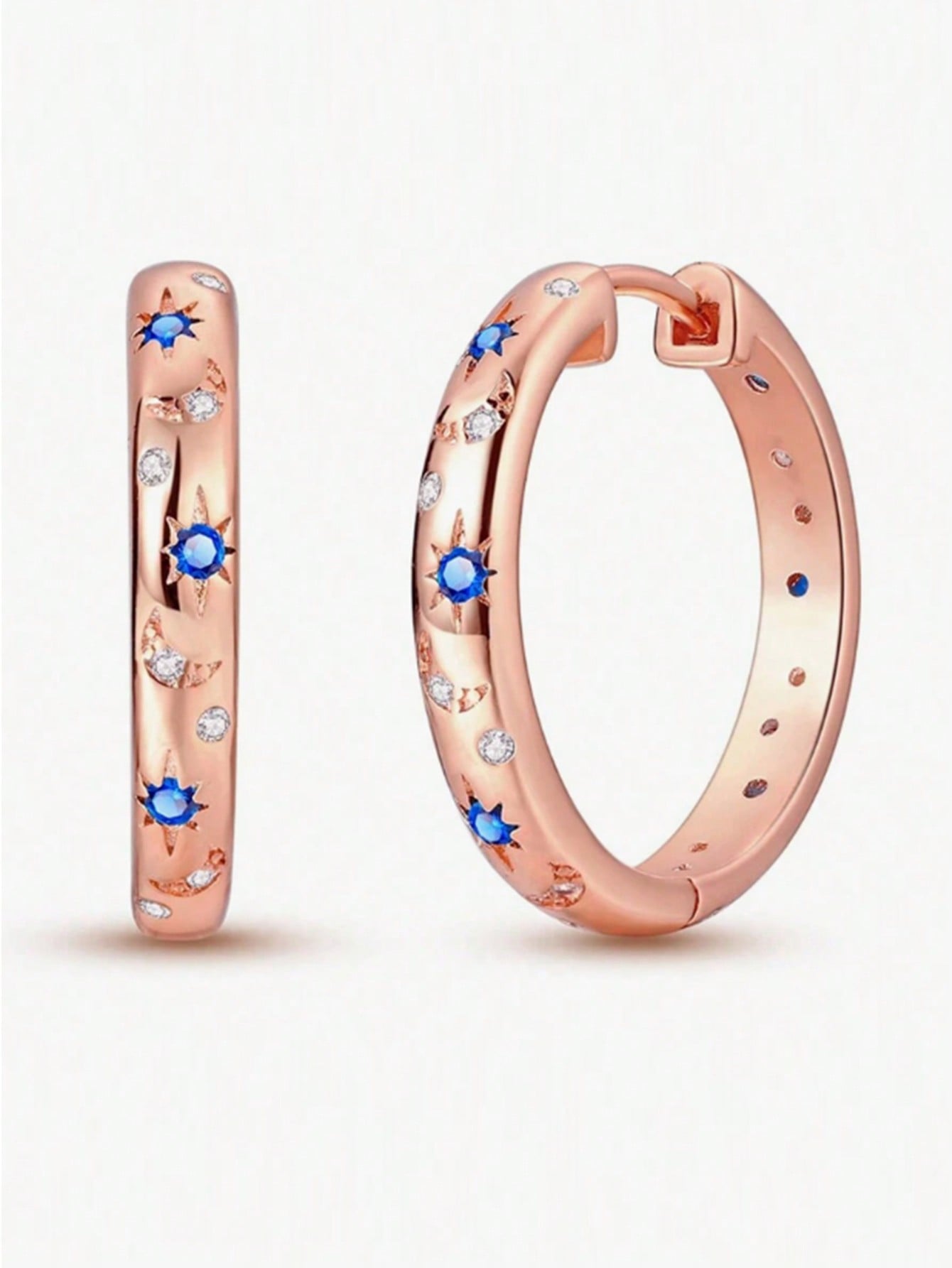 1pair Luxurious Copper Inlaid Multi-color Star, Moon & Round Shaped Hoop Earrings