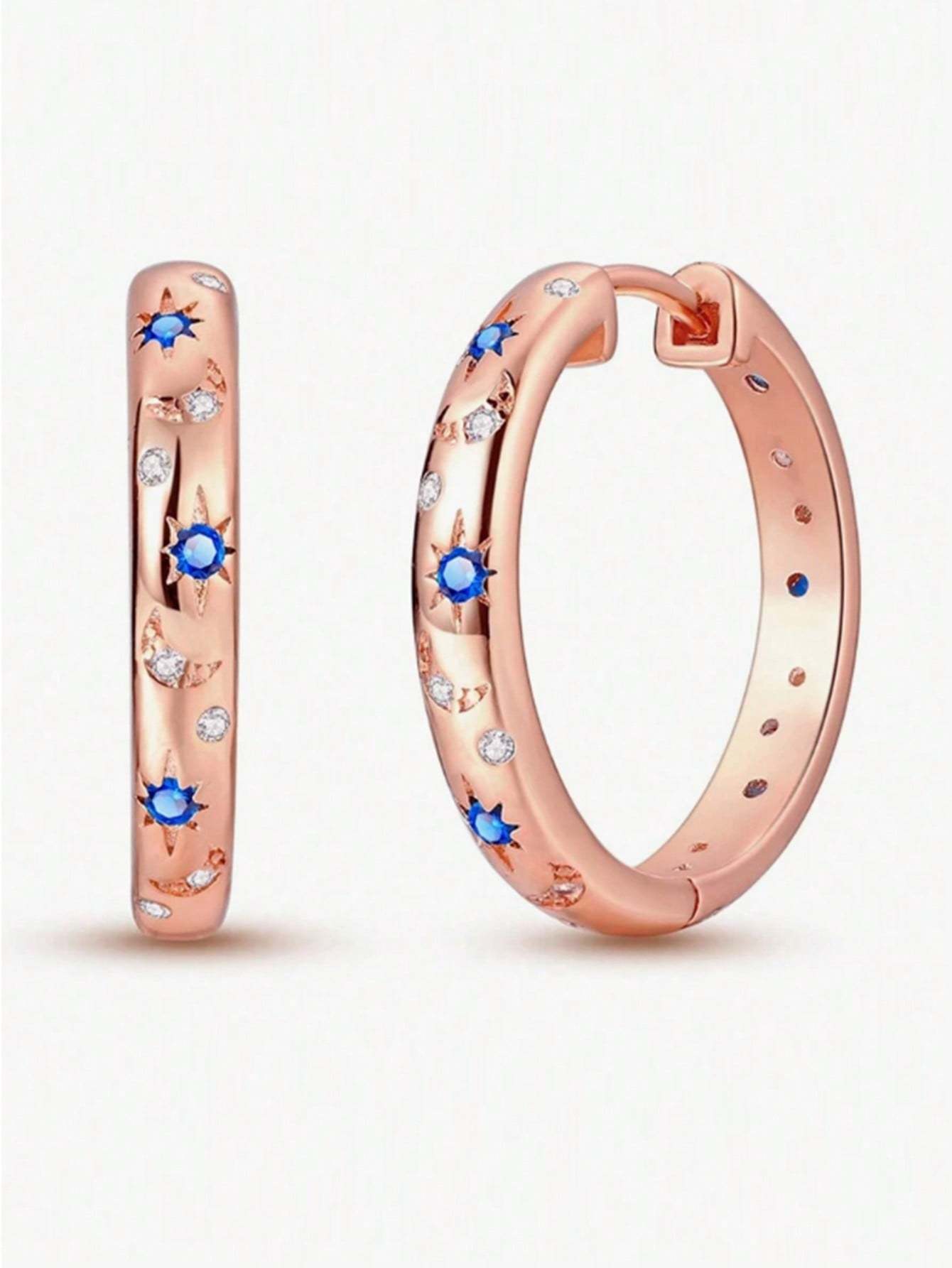 1pair Luxurious Copper Inlaid Multi-color Star, Moon & Round Shaped Hoop Earrings