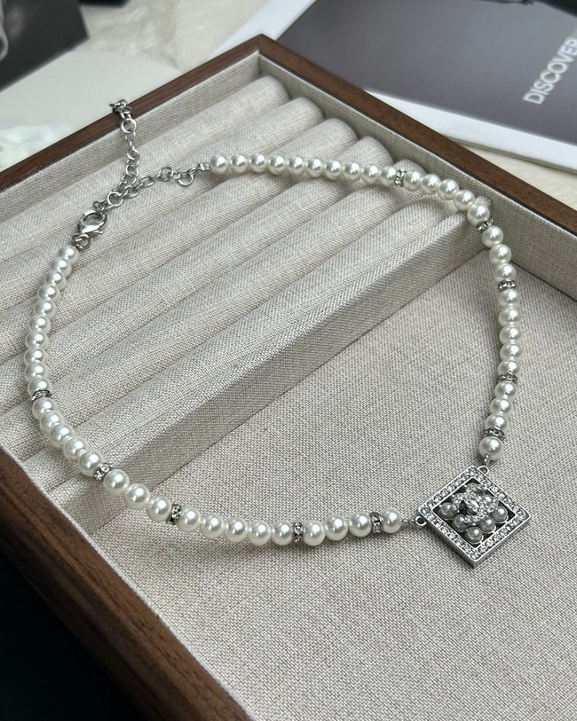 Square Pearl Double C Diamond Pearl Strand Necklace