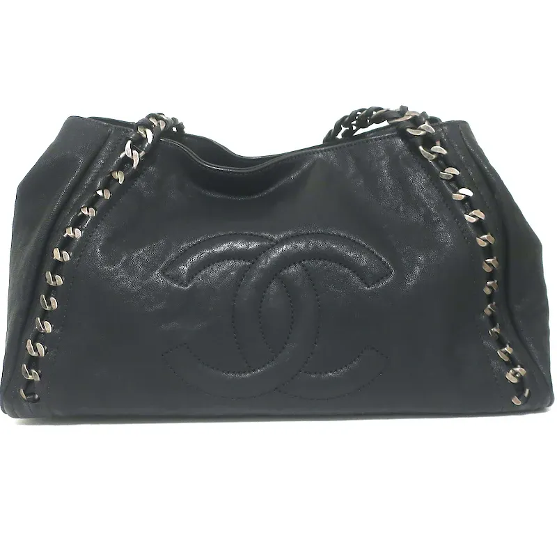 Modern Chain East West Tote Black Leather Large Shoulder Bag