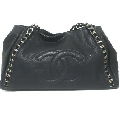 Modern Chain East West Tote Black Leather Large Shoulder Bag
