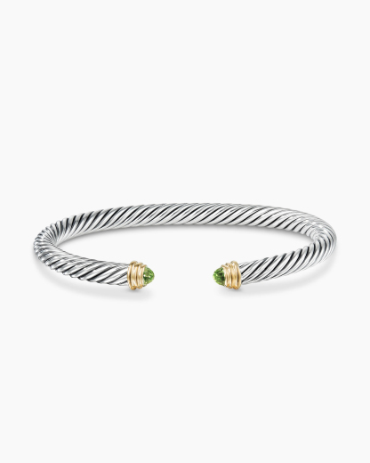 Classic Cable Bracelet Sterling Silver with 14K Yellow Gold and Peridot, 5mm