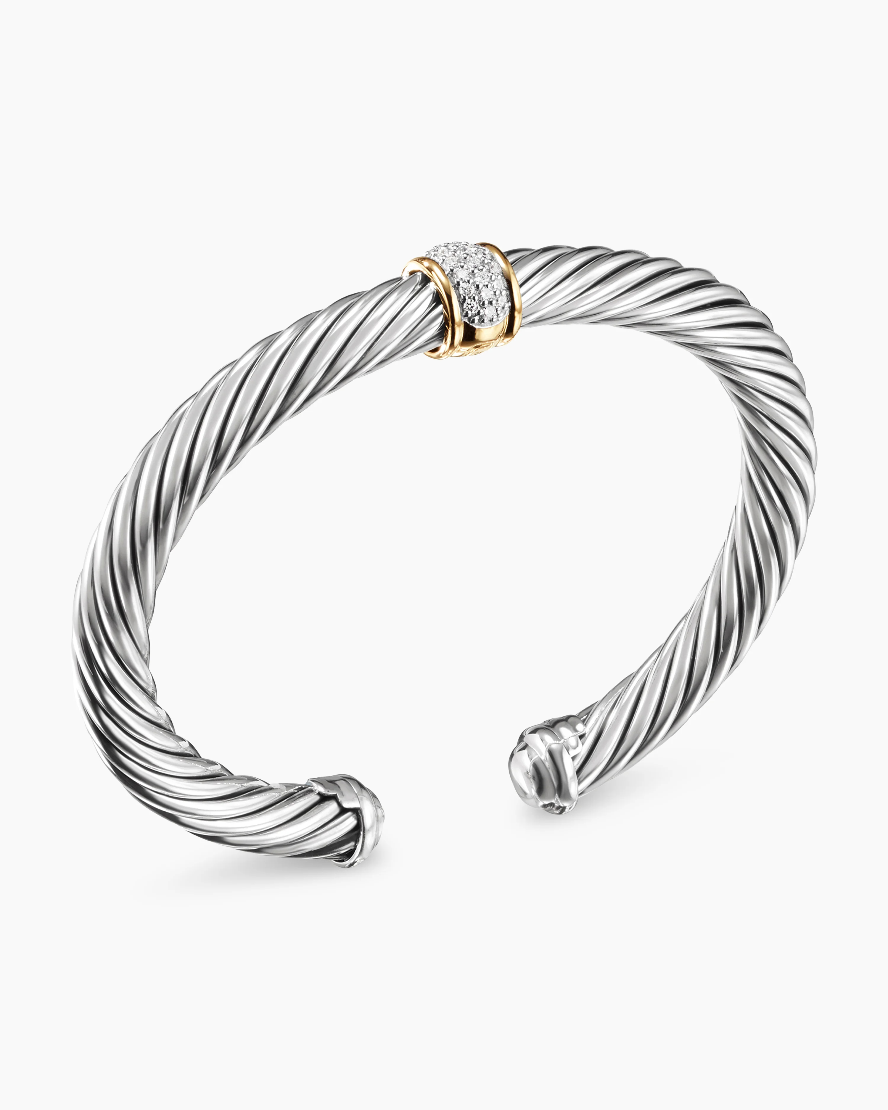 Classic Cable Station Bracelet Sterling Silver with 18K Yellow Gold and Pave Diamonds, 7mm