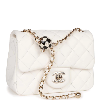 Pearl Crush Mini Square Flap Bag White Lambskin Light Gold Hardware