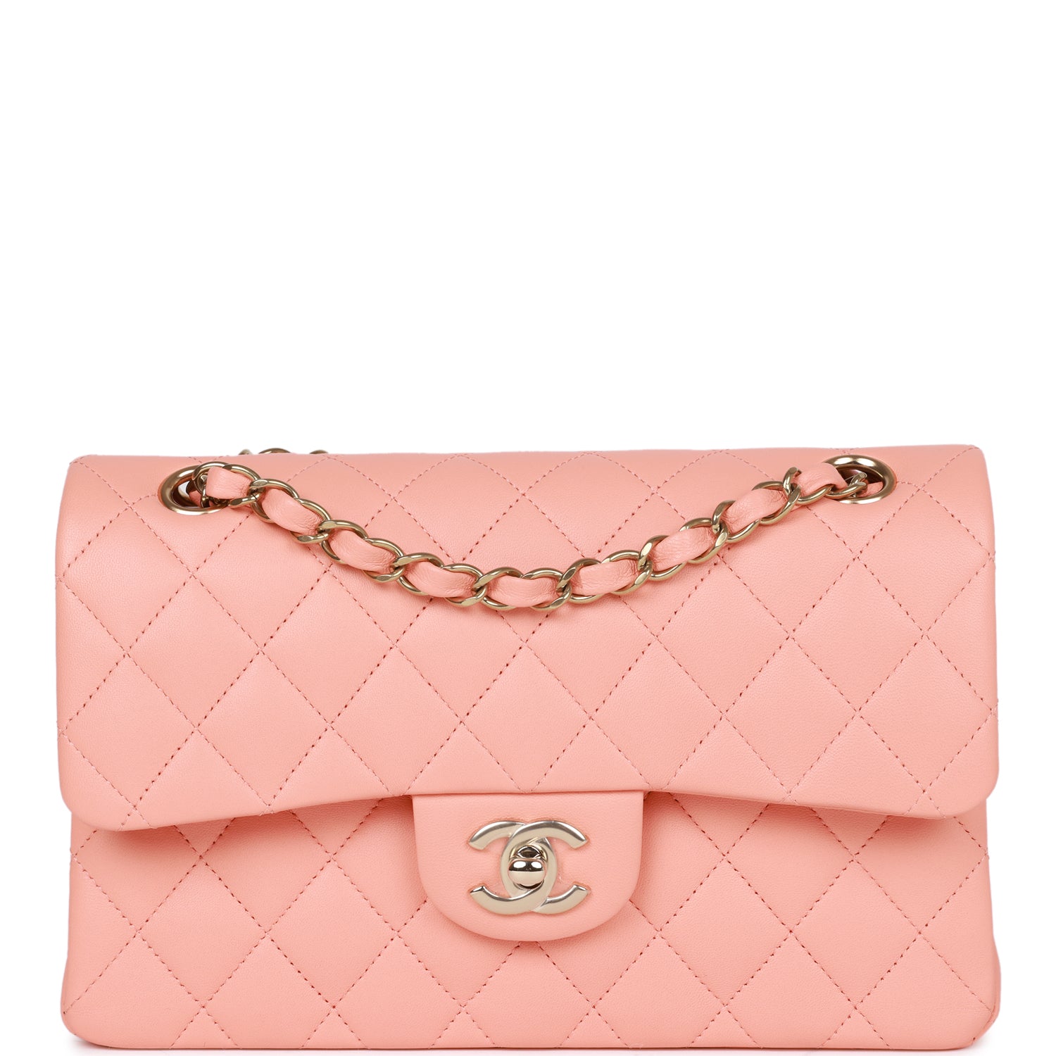 Small Classic Double Flap Pink Lambskin Light Gold Hardware