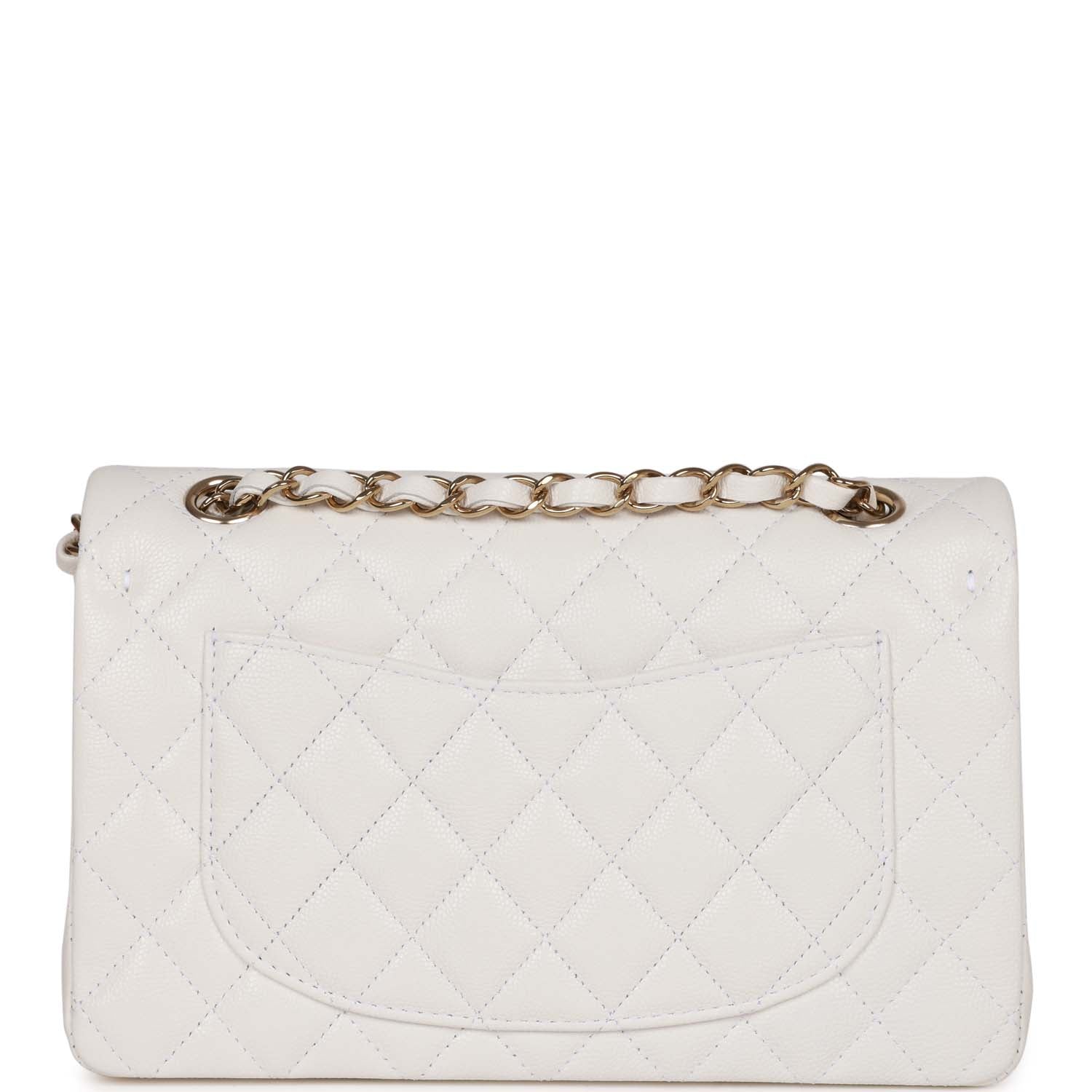Small Classic Double Flap Bag White Caviar Light Gold Hardware