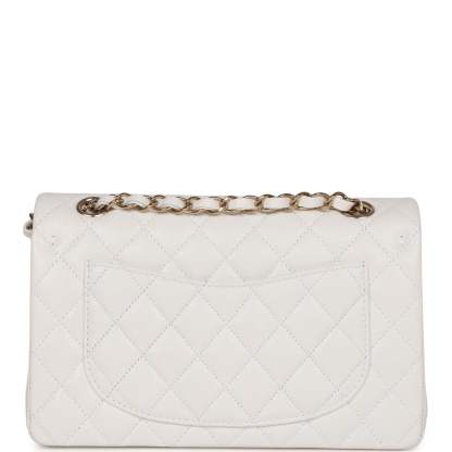 Small Classic Double Flap Bag White Caviar Light Gold Hardware