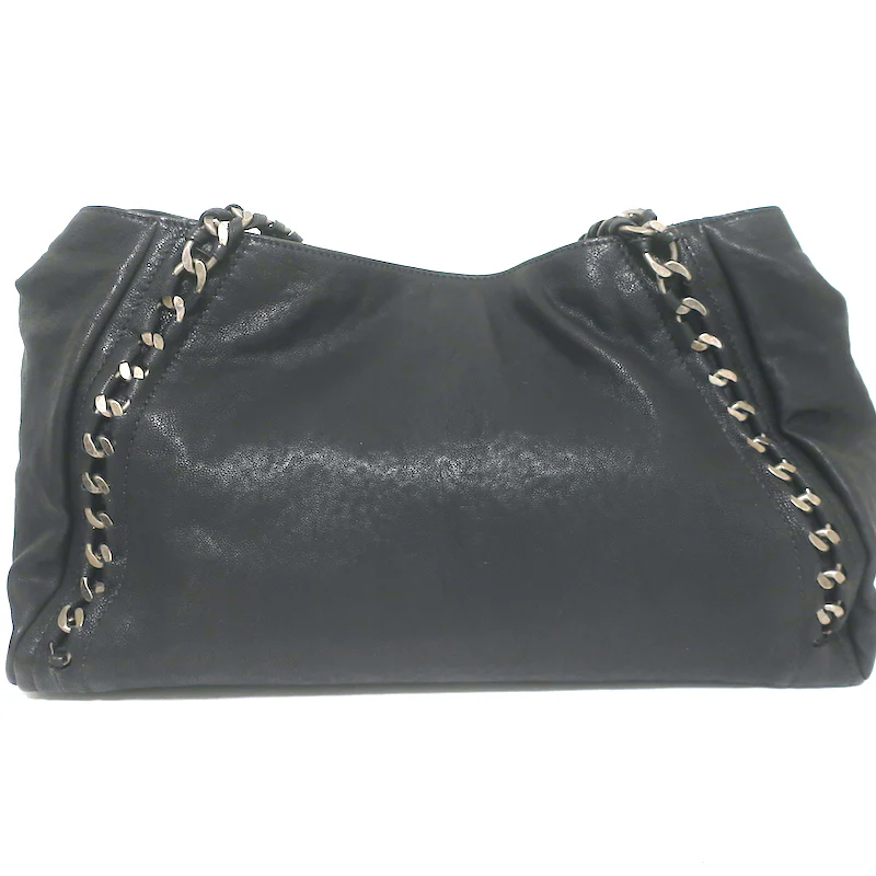 Modern Chain East West Tote Black Leather Large Shoulder Bag