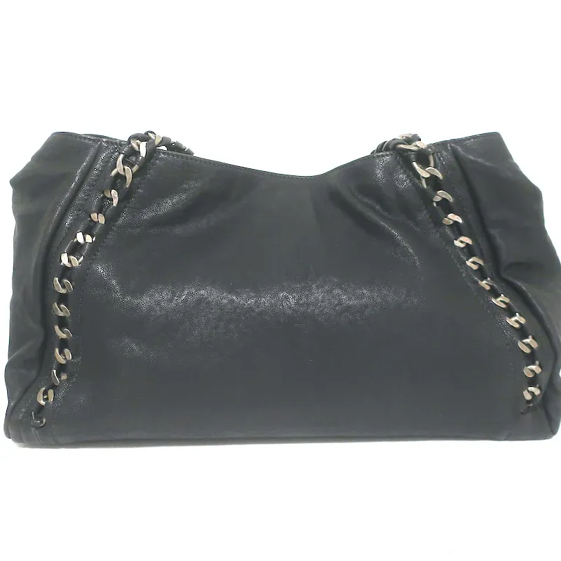 Modern Chain East West Tote Black Leather Large Shoulder Bag