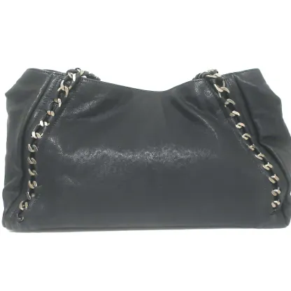 Modern Chain East West Tote Black Leather Large Shoulder Bag