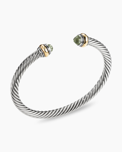 Classic Cable Bracelet Sterling Silver with 14K Yellow Gold and Prasiolite, 5mm