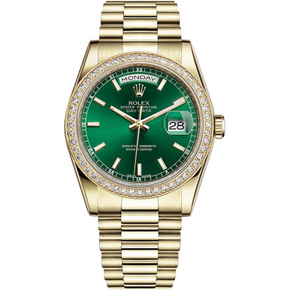 Day-Date 36 Yellow Gold Diamond Bezel Index Green Dial President Watch 118348