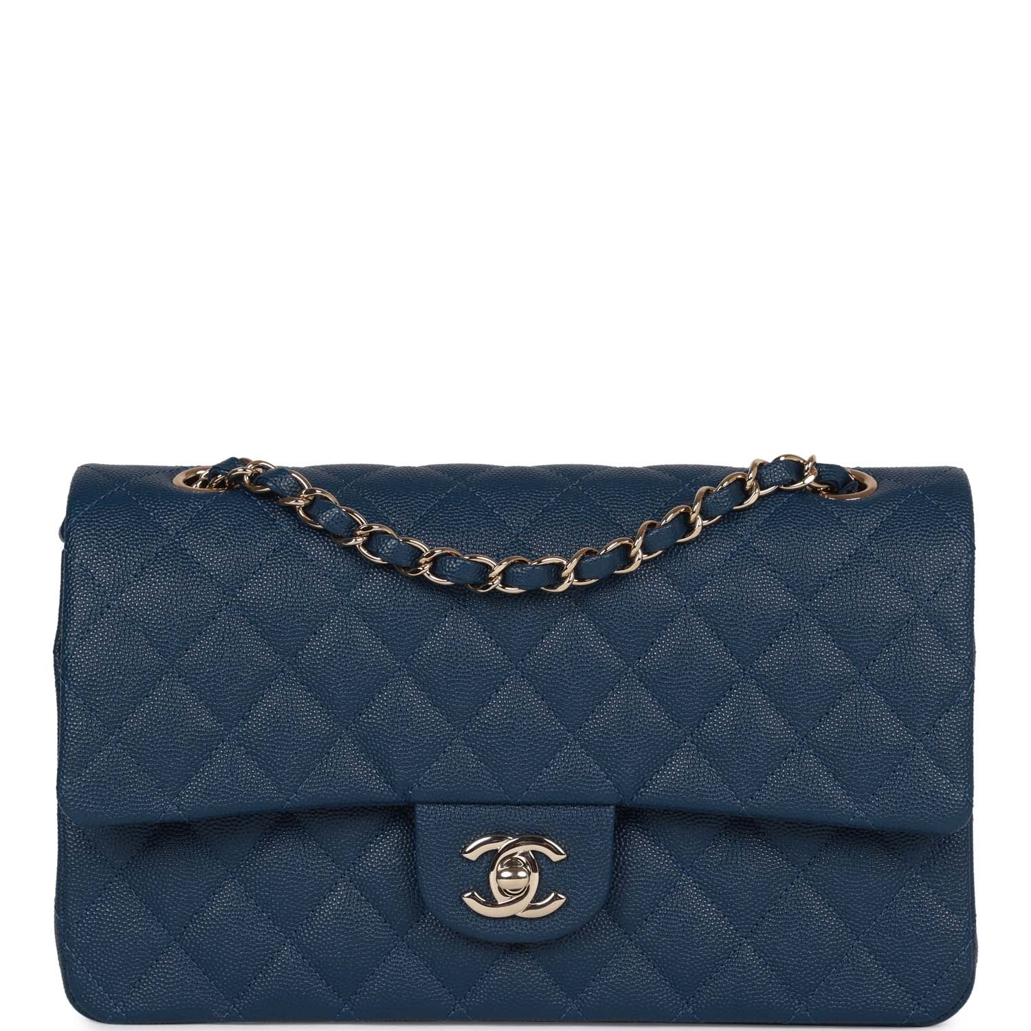 Medium Classic Double Flap Bag Blue Caviar Light Gold Hardware