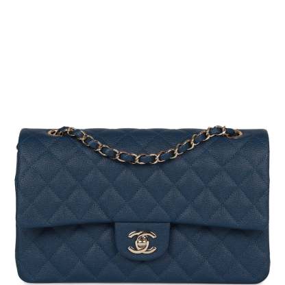 Medium Classic Double Flap Bag Blue Caviar Light Gold Hardware