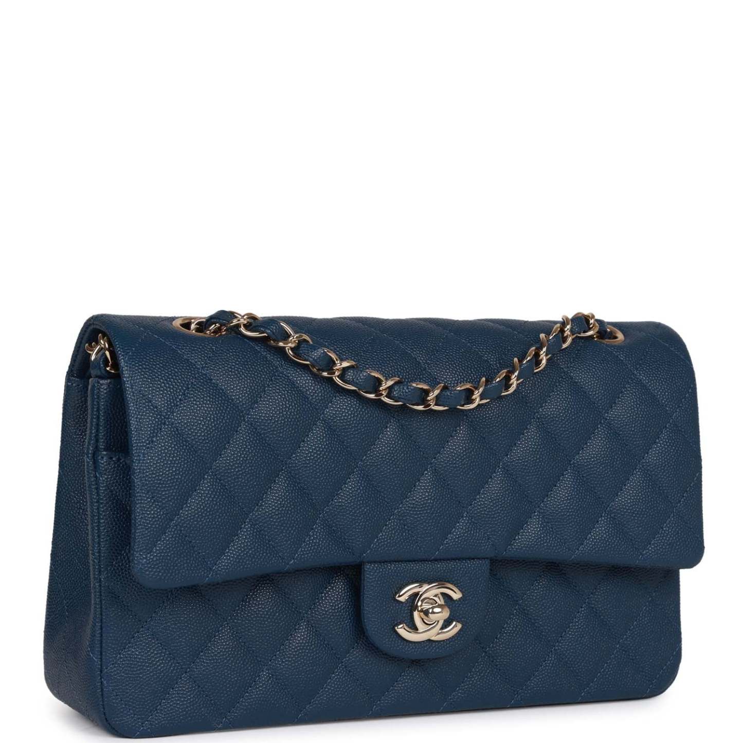Medium Classic Double Flap Bag Blue Caviar Light Gold Hardware