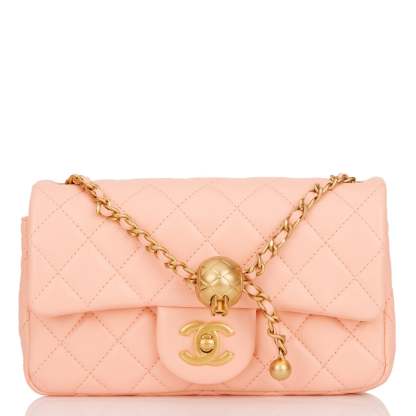 Pearl Crush Mini Rectangular Flap Bag Peach Lambskin Antique Gold Hardware