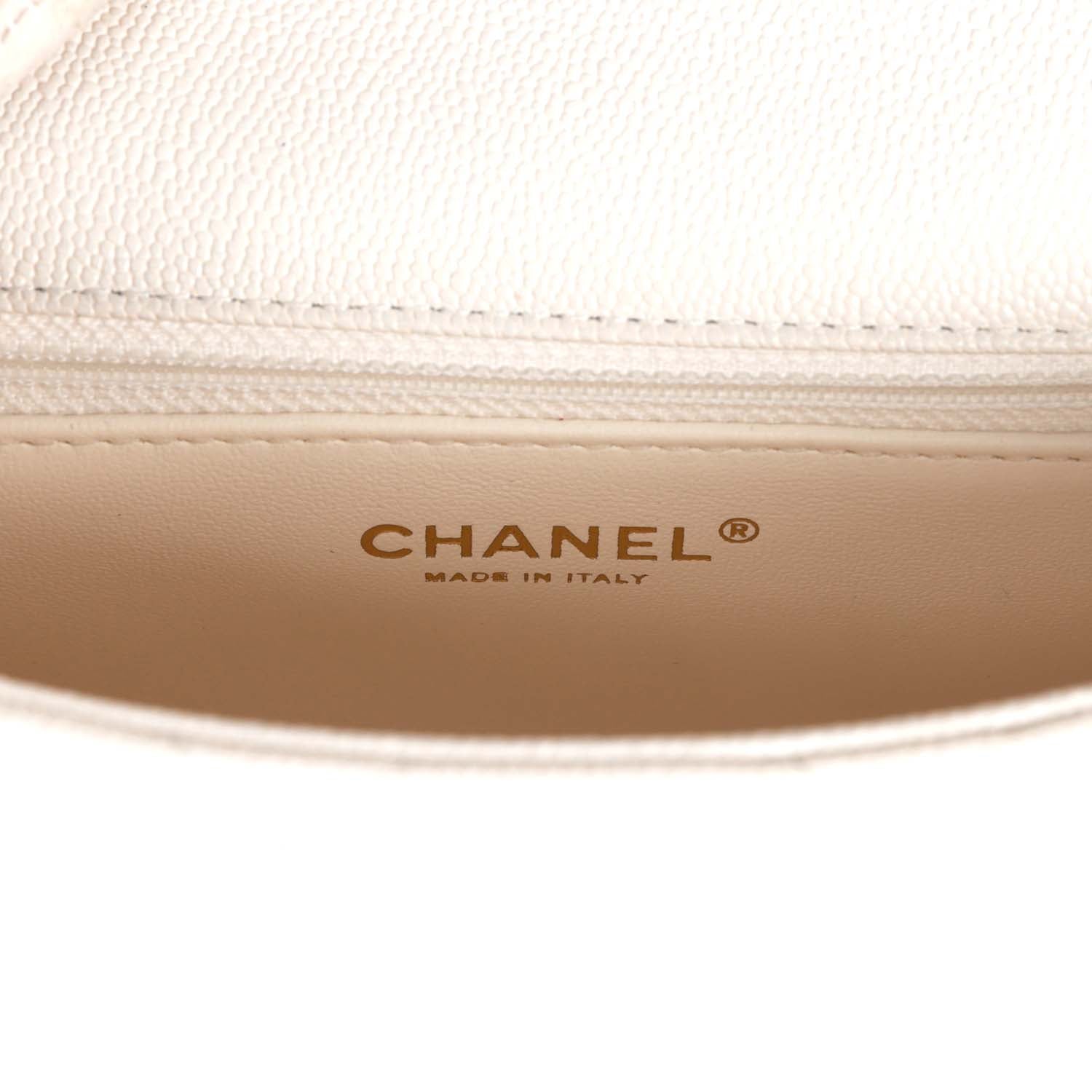 Large Single Flap White Caviar Leather Antique Gold Hardware