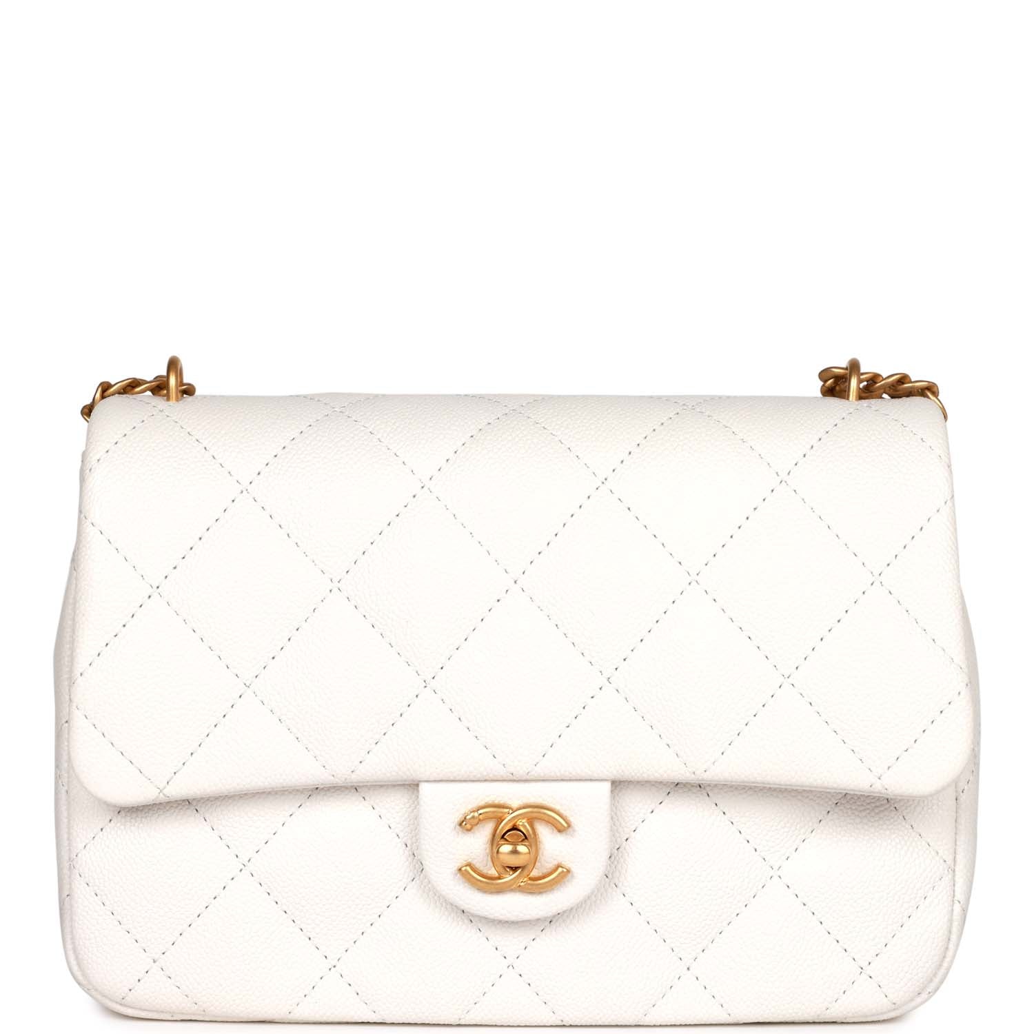 Large Single Flap White Caviar Leather Antique Gold Hardware