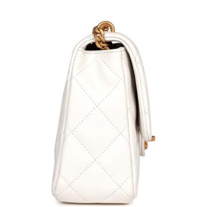 Large Single Flap White Caviar Leather Antique Gold Hardware