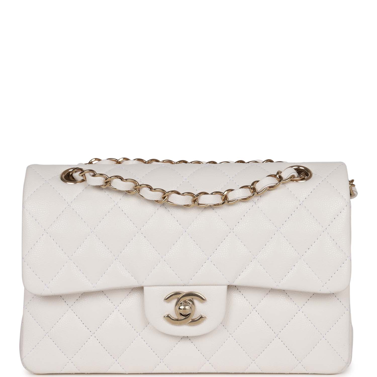 Small Classic Double Flap Bag White Caviar Light Gold Hardware