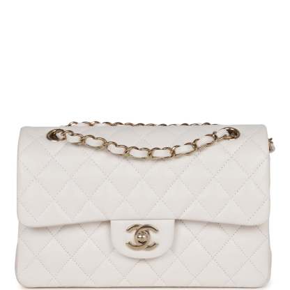 Small Classic Double Flap Bag White Caviar Light Gold Hardware