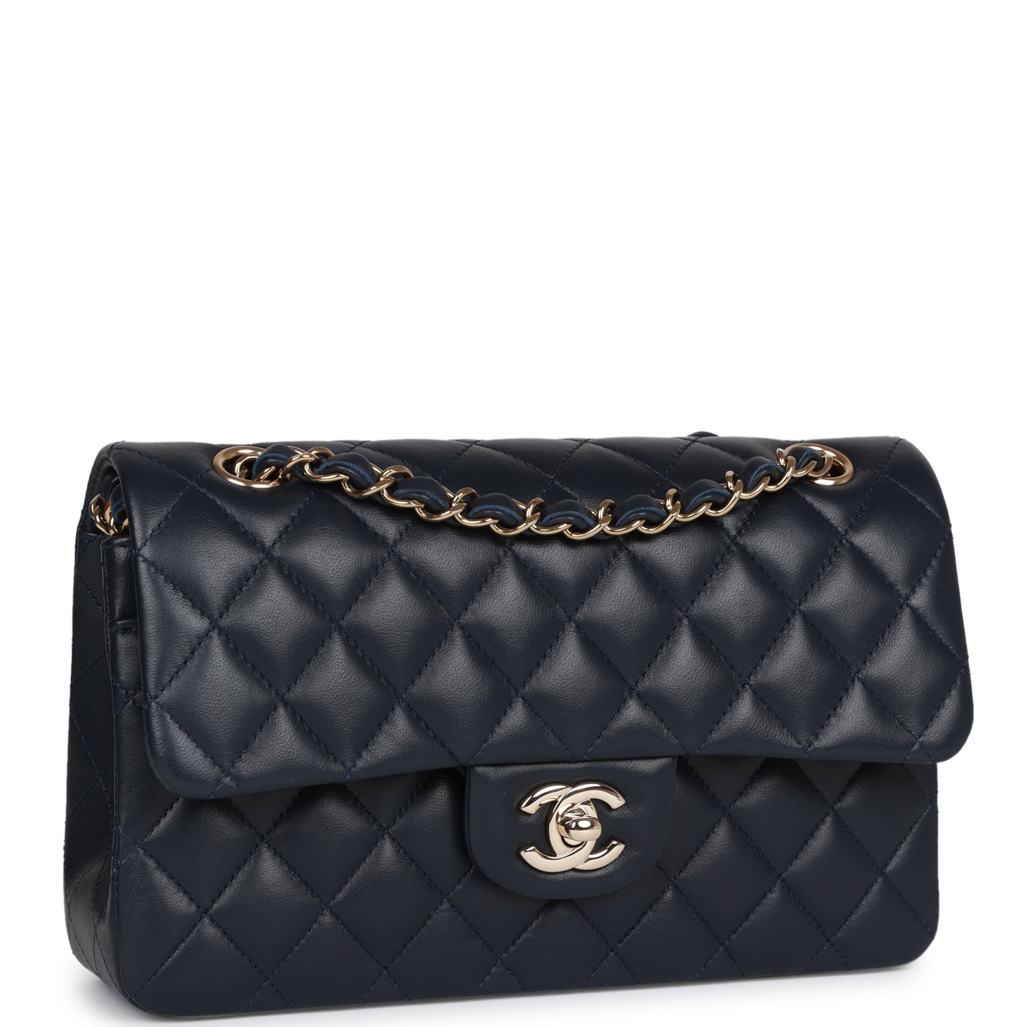 Small Classic Double Flap Navy Lambskin Light Gold Hardware