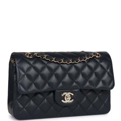Small Classic Double Flap Navy Lambskin Light Gold Hardware