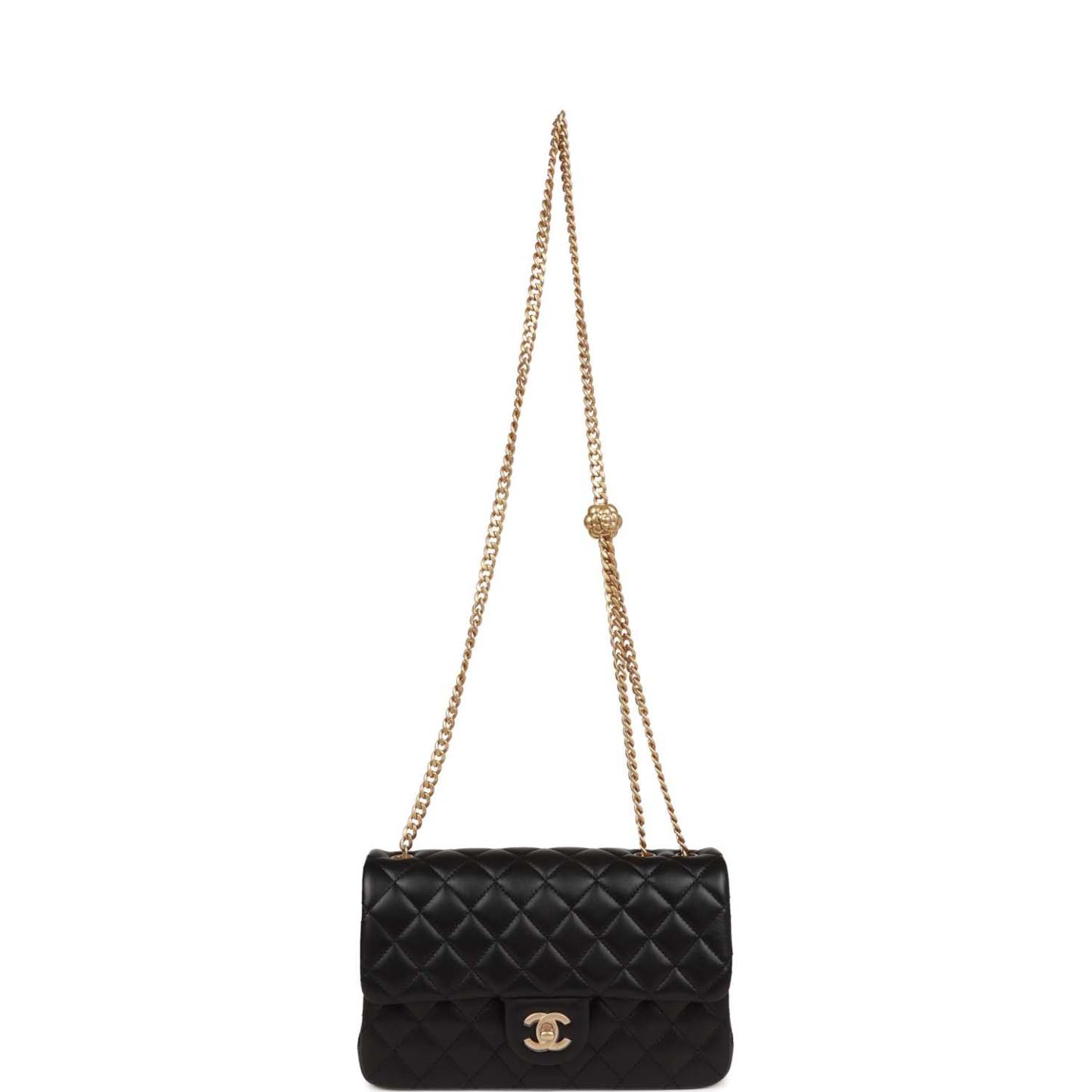 Medium Camellia Crush Flap Bag Black Lambskin Antique Gold Hardware