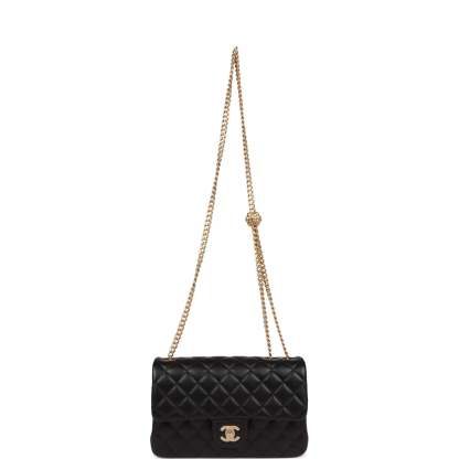Medium Camellia Crush Flap Bag Black Lambskin Antique Gold Hardware