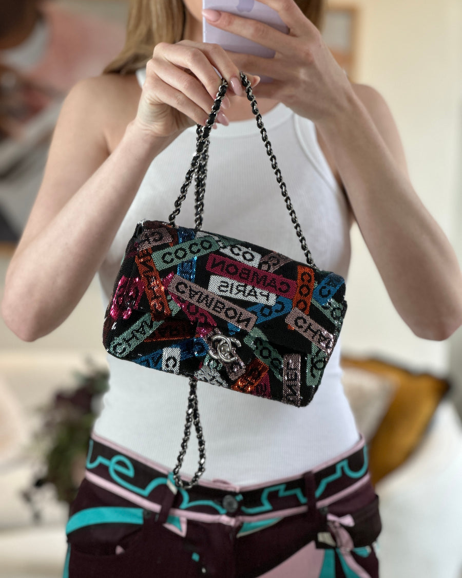 Cruise 2024 Black Sequins Mini Rectangular Single Flap Bag