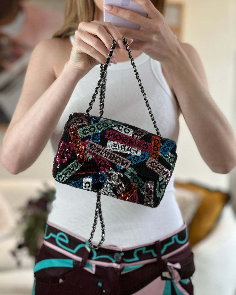 Cruise 2024 Black Sequins Mini Rectangular Single Flap Bag