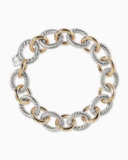 Oval Link Chain Bracelet Sterling Silver with 18K Yellow Gold, 12mm