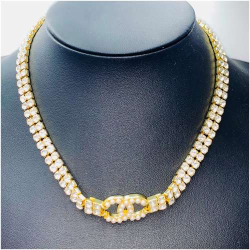 [Copy]Authentic Heavy Gilt Necklace CC Logo set with Seed Pearls and Crystals