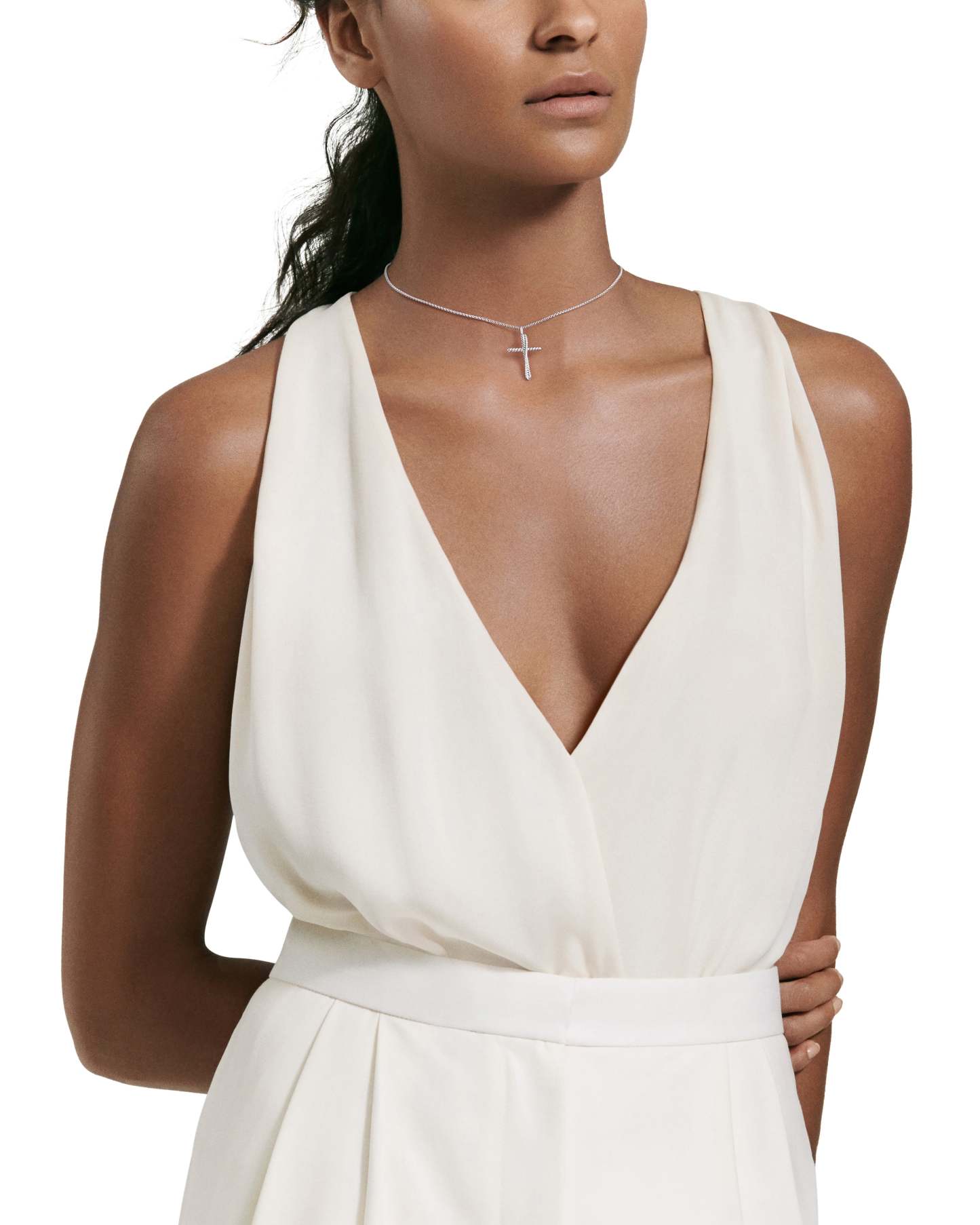 Crossover Cross Necklace Sterling Silver with Diamonds, 35.6mm