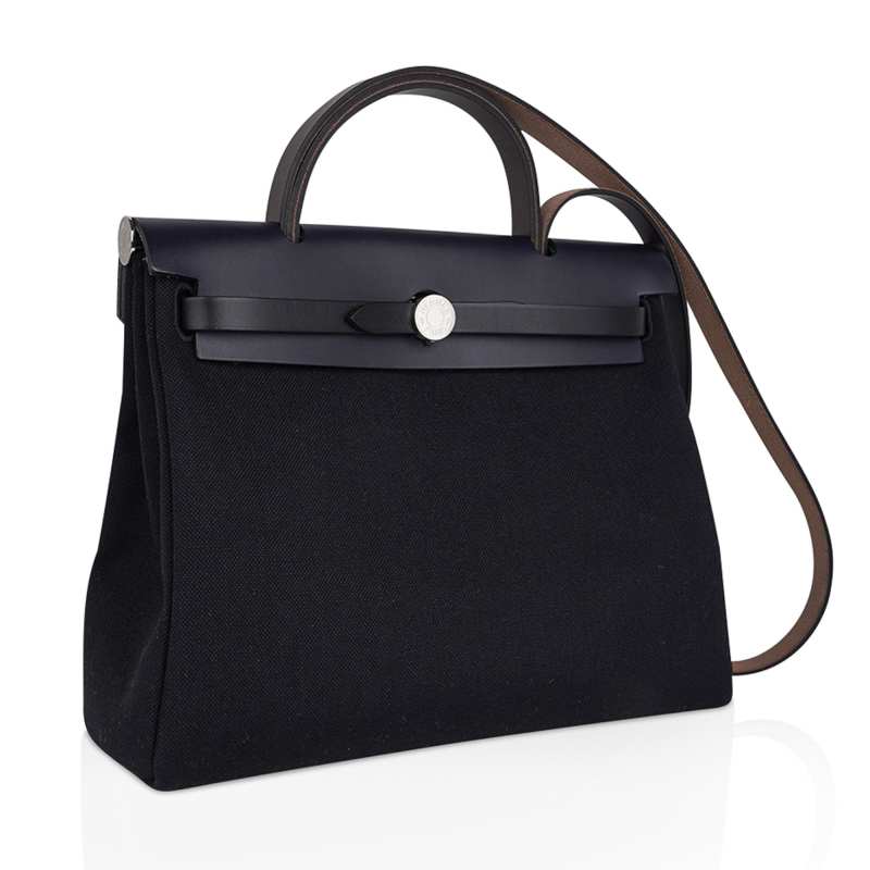 Herbag Zip 31 Bag Retourne Black Toile & Blue Indigo Vache Hunter Leather with Palladium Hardware