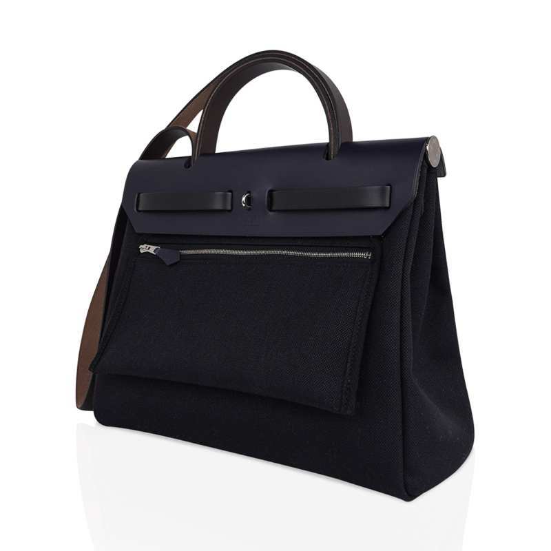 Herbag Zip 31 Bag Retourne Black Toile & Blue Indigo Vache Hunter Leather with Palladium Hardware