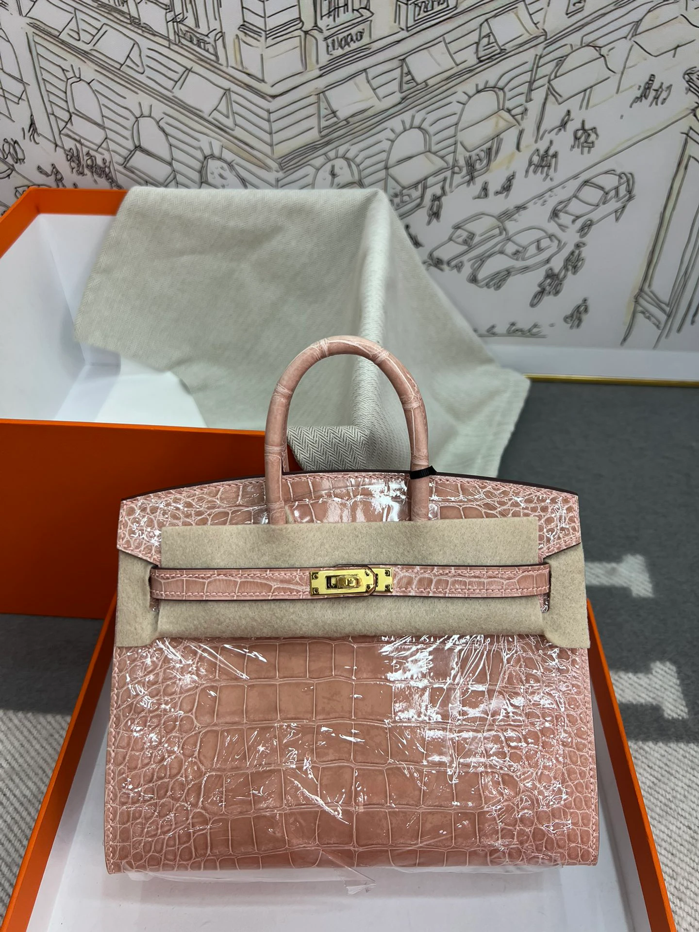 Luxury Handmade Birkin | Glossy Nile Crocodile Skin, Soft Ceramic Nude Pink