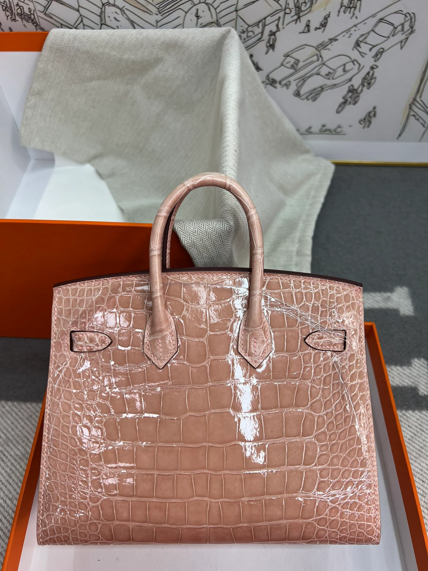 Luxury Handmade Birkin | Glossy Nile Crocodile Skin, Soft Ceramic Nude Pink