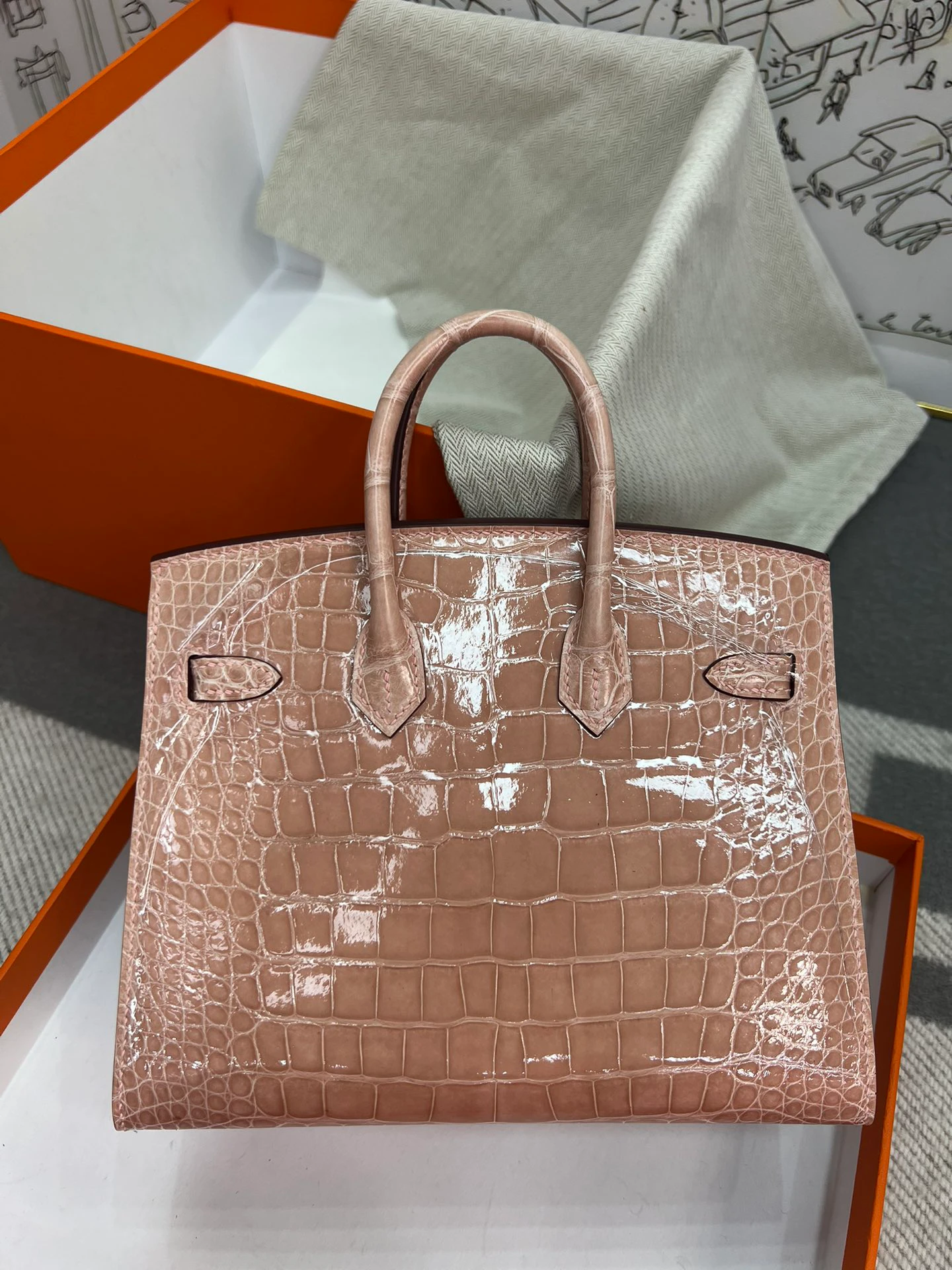 Luxury Handmade Birkin | Glossy Nile Crocodile Skin, Soft Ceramic Nude Pink