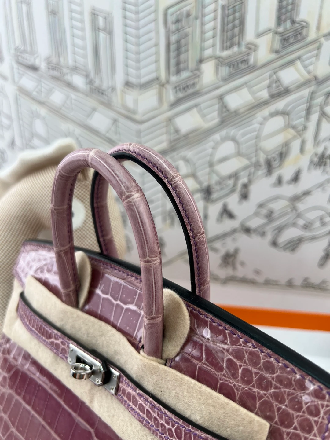 Luxury Handmade Birkin | Glossy Nile Crocodile Skin, Soft Mauve Purple