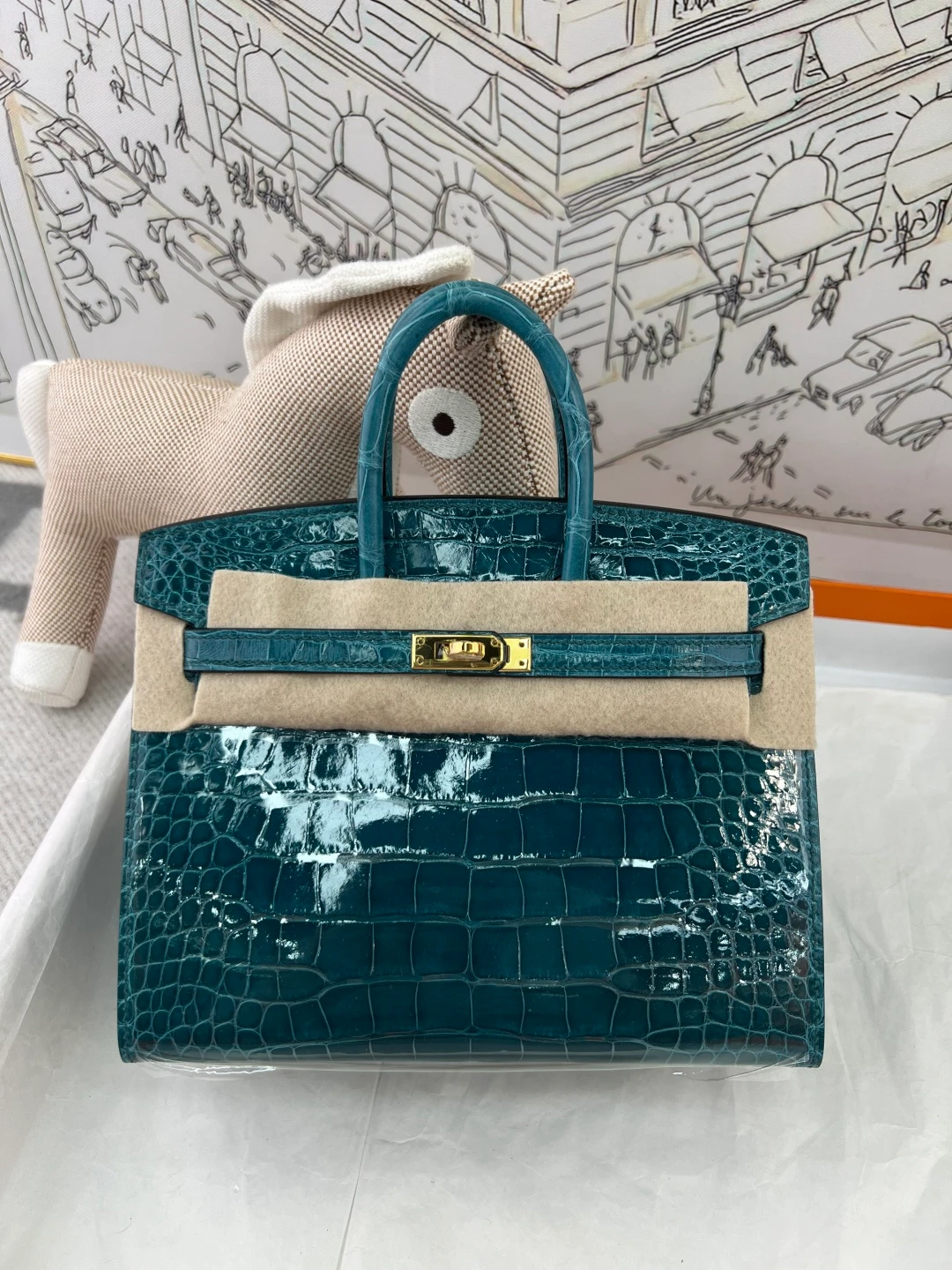 Luxury Handmade Birkin | Teal Blue Glossy Nile Crocodile Skin