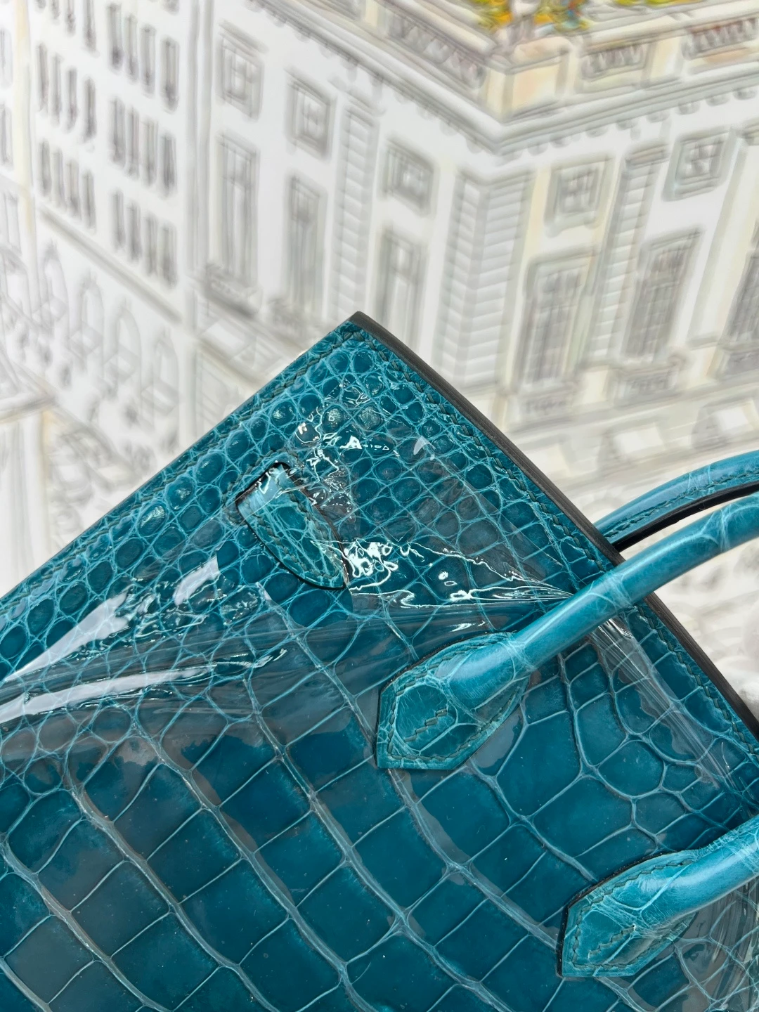 Luxury Handmade Birkin | Teal Blue Glossy Nile Crocodile Skin