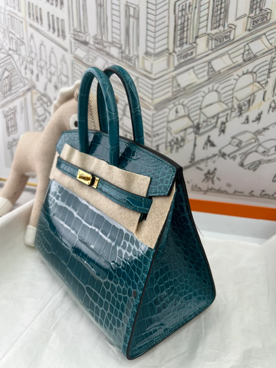 Luxury Handmade Birkin | Teal Blue Glossy Nile Crocodile Skin